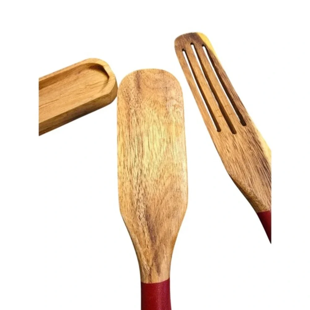 Mad Hungry Acacia Wood Kitchen Set Slotted Spurtles Holder Red‎ Handles 7 Piece